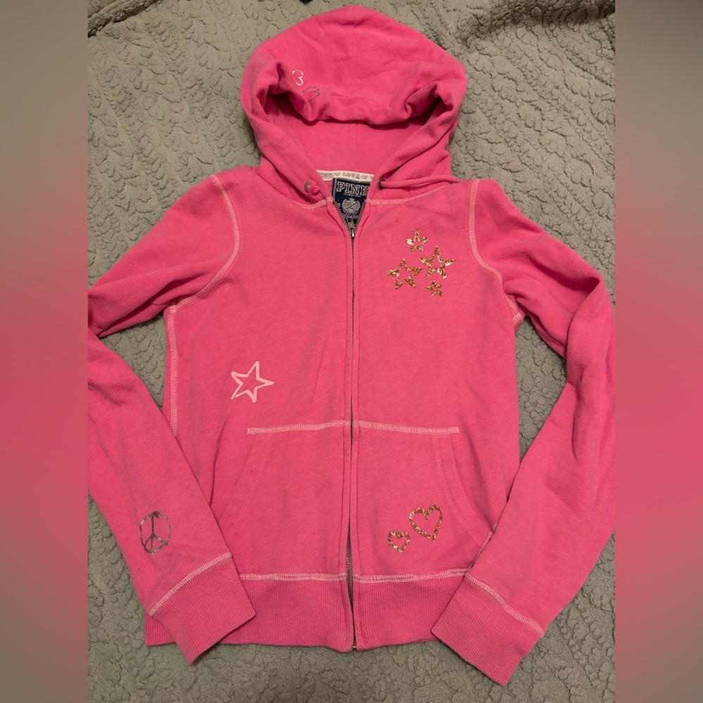 Y2K PINK Victoria's Secret Pink Hoodie with Star and Heart Designs